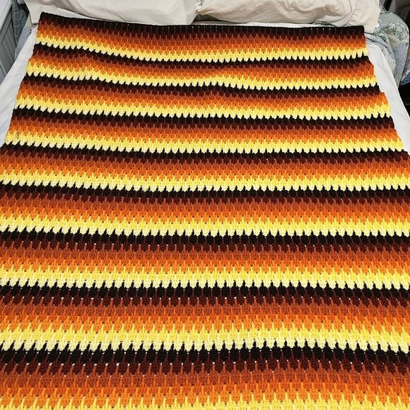 Vintage Crochet Afghan Striped Orange & Brown Yellow Throw Blanket 51 X 63 - Picture 2 of 5